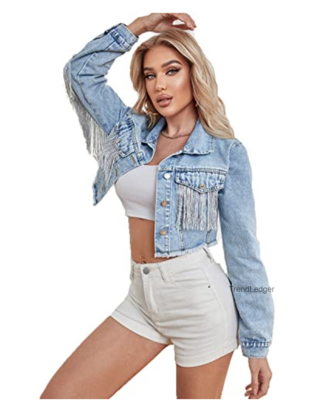 Womens Crop Denim Jacket Fringe Tassel Jean Coat Casual Country Concert